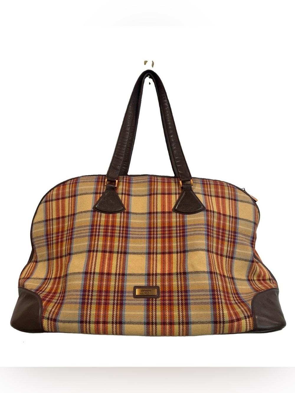 Tumi Weekender Camel Plaid & Leather Overnight Bag Preppy Vintage
